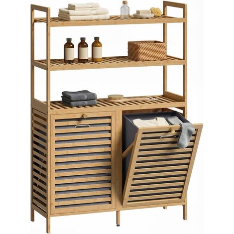 Armoire à linge double à basculement, meuble sur pieds en bambou. 2 paniers amovibles, 3 étagères, finition chêne