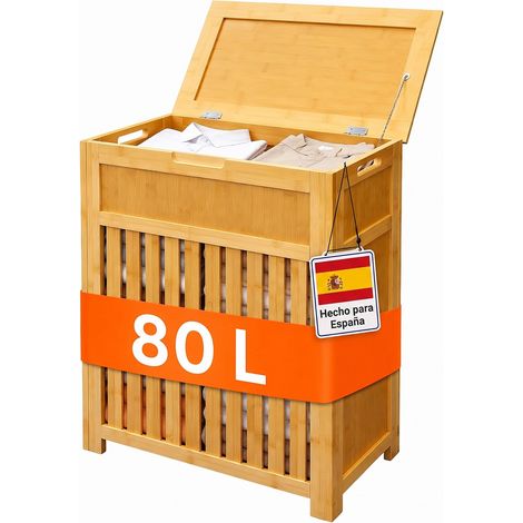 Relaxdays Cesto de ropa con tapa, 80 l, bambú y MDF, diseño de lamas, 62,5x50,5x28 cm, natural (1/5)