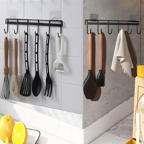 2 Pièces Porte Ustensiles Cuisine,Support Ustensiles Cuisine avec 6 crochets,sans perçage Rangement Organiseur Rack pour cuisine/Bains (Noir) (1/5)
