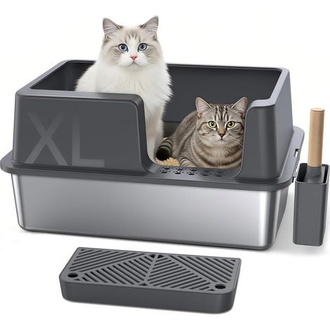 1 Bac à litière, Acier inoxydable, Grande capacité 37L, Bords hauts 31cm, Entrée latérale, Pour grands chats (1/5)
