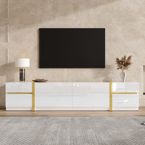 Mueble para TV de MDF y tablero de partículas blanco brillo, 180 x 40 x 38 cm, 4 cajones y 2 puertas (1/5)