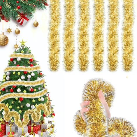 Guirlande de Noël Sapin, 6 Pièces x 2 m Tinsel Or et Argenté, Décorations Métalliques pour Sapin de Noël (1/5)