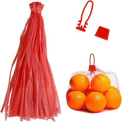Sacs filet JeiibrZui rouges - 45 cm - Lot de 100 avec boucles - Filet en nylon résistant pour légumes, fruits et fruits de mer - Filet de rangement réutilisable pour la maison et le marché (1/5)