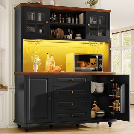 Armoire murale de cuisine avec éclairage LED multicolore, tablettes ajustables, porte-bouteilles vin en acier, corps en panneau de fibres, pieds en caoutchouc, rangement design pour cuisine et séjour, (1/5)