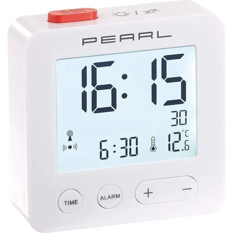 Radio-réveil numérique de voyage avec thermomètre et date, grand écran rétroéclairé, couleur blanc, compact et pratique pour déplacement (1/5)