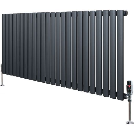 Radiateur à Colonnes Ovales & Vannes 1 Panneau 600 x 1440 mm en Acier Carbone Gris Anthracite Chauffage Centrale Moderne Horizontale Monté Sur Mur Cuisine [Brosse de Nettoyage & Supports INCLUSES]
