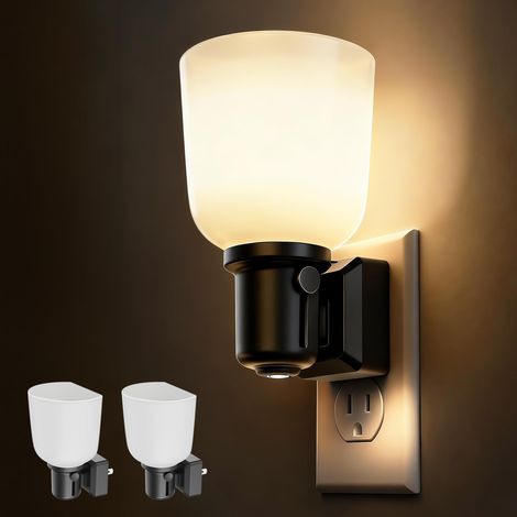 Lot de 2 veilleuses LED à intensité variable, avec détecteur crépusculaire, lumière blanche douce 3000K, style bohème/ferme, idéales pour chambre, salle de bain ou couloir. (1/5)