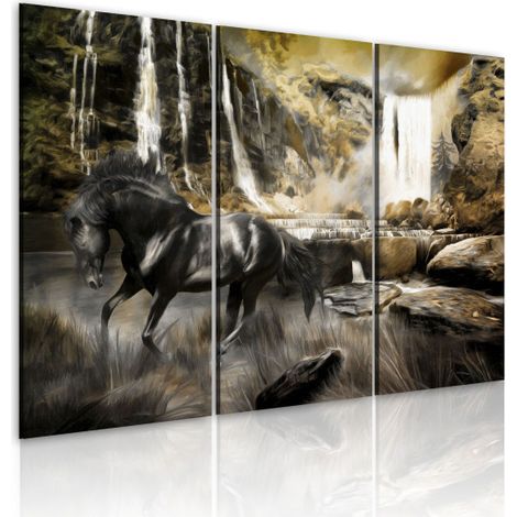Tableau Imprimé "Cheval Noir & Cascade Rocheuse" 80 x 120 cm (1/2)