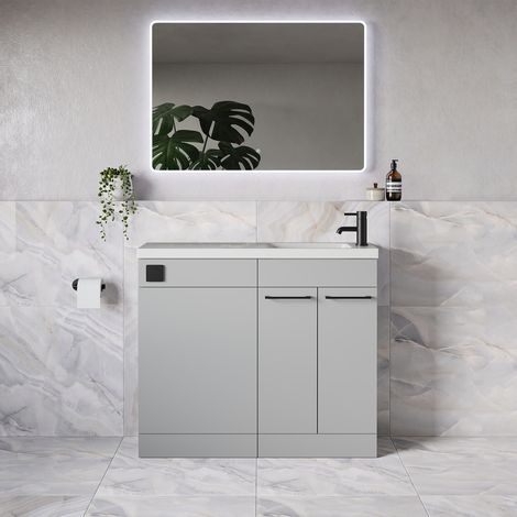 Napoli 250 Gloss Grey Pearl 1000mm 2 Door Vanity Unit Toilet Suite with Round Silvo Basin - 1000mm - Matt Black 160mm HandleWithout Jubilee Toilet Pan