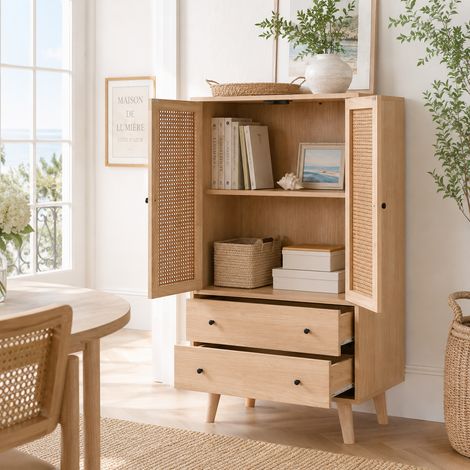 Buffet 60 x 40 x 120 cm avec 2 portes effet rotin et 2 tiroirs, meuble de rangement sur pieds, chêne