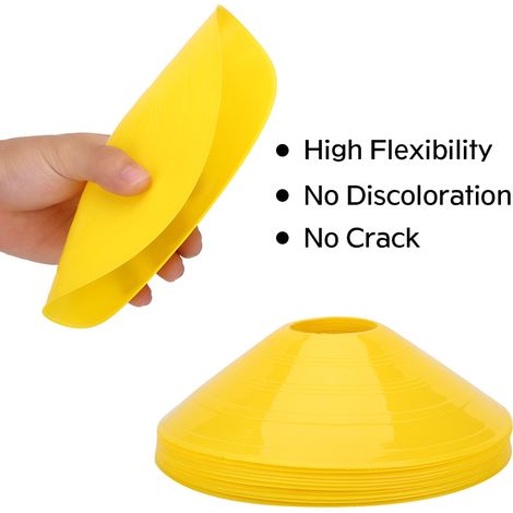 50 cônes de football, diamètre 19 cm, hauteur 5 cm, en PE flexible, couleurs assorties, base ronde. (1/5)
