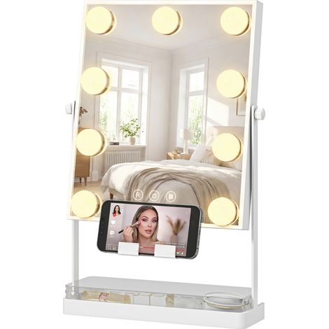 Espejo de maquillaje LED 9 ampoules 3 couleurs interrupteur tactile support téléphone blanc