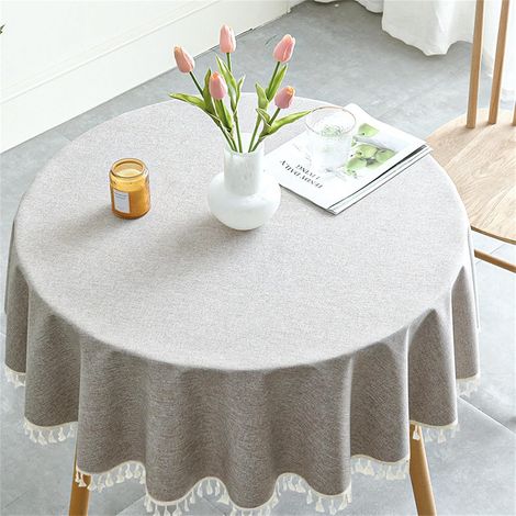Nappe ronde imperméable avec pompons faits main, idéale pour les cuisines, salles à manger, etc. (1 feuille, grise, 120 cm)