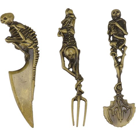 Lot Halloween Squelette Or Skull Métal Alliage Zinc Couverts Créatifs Fourchette Cuillère Couteau Or Cadeau Halloween (1/5)