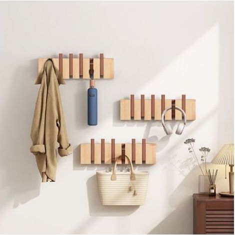 Porte-manteau mural avec 6 crochets rétractables, porte-manteau mural, cintre d'angle en bois massif pour suspendre manteaux, foulards, sacs à main, etc., adapté à la chambre et au vestiaire