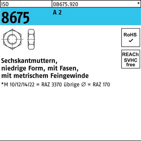 Écrou hexagonal ISO 8675 chanfreiné M14x 1,5 A 2 25 pièces