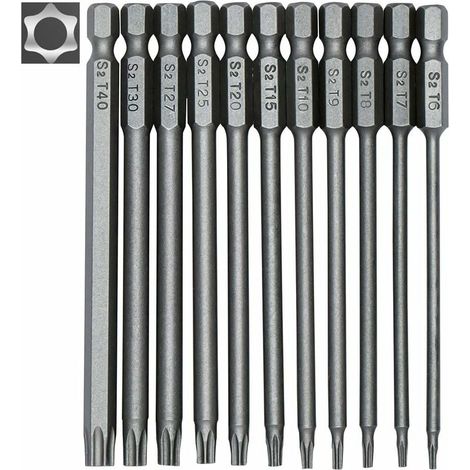 11 lange Torx-Bits, magnetisch, 6,35 mm Sechskantschaft, T6 bis T40, 100 mm, für elektrische und manuelle Schraubendreher