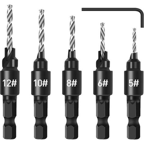 5 Forets à chanfreiner, Acier rapide HSS, Tige hexagonale 1/4'', Angle 82°, Bois plastique PVC (1/5)