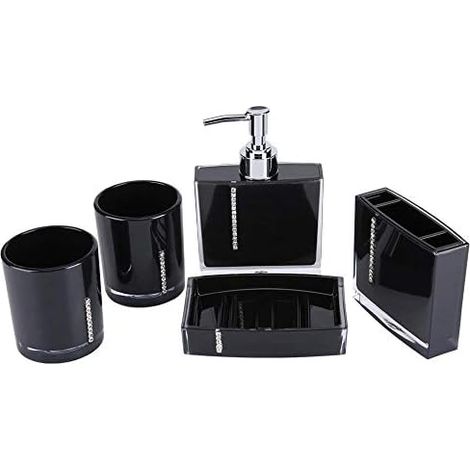 Lot d'accessoires de Salle de Bain 5 pièces, Porte-Savon, Distributeur de Savon, Verre de Salle de Bain, Porte-Brosse à Dents, Bouteille d'émulsions, Noir (1/5)