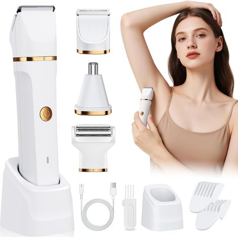 Rasoir électrique 3 en 1 pour femme, tondeuse bikini étanche IPX7, tondeuse nez rechargeable et rasoir corps pour peau sèche ou humide, blanc (1/5)