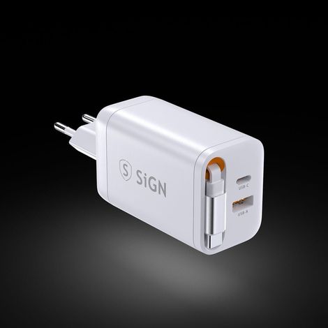 Cargador rápido SiGN GaN USB-C/USB-A de 65 W con cable USB-C extensible - Blanco