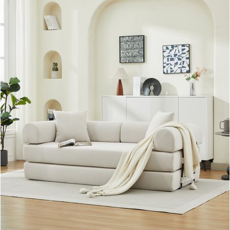 Sofá cama (200x90x75 cm), convertible en sofá de 3 plazas, sin montaje, tejido de corduroy blanco (1/5)