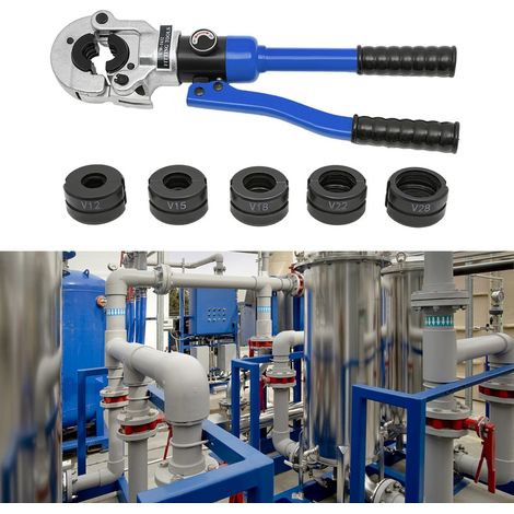 Senderpick – Pince à sertir hydraulique 8T – Pour tubes cuivre 12-28mm – Tête pivotante 360° – Poignée ergonomique – 5 matrices incluses (1/5)