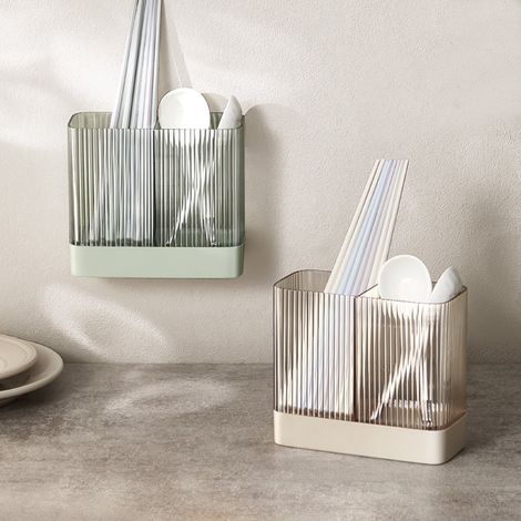 Boîte De Rangement Pour Baguettes - Murale Ou Sur Plan De Travail - Double Compartiment - Évacuation D'eau - Adhésif Sans Perçage - 16 X 14 X 7,9 Cm - Vert (1/5)