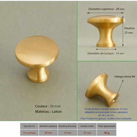 Poignée de meuble ronde T2625 en laiton doré à un trou, diamètre 28 mm t2625 28 2,5 × 2,8 × 2,5 cm 46 g – Livraison gratuite
