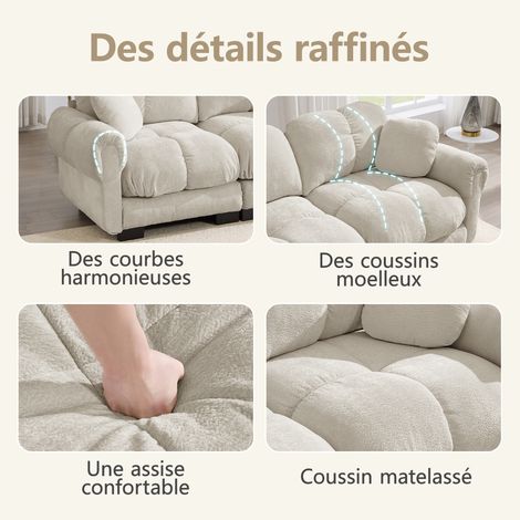 Canapé de salon modulaire 4 places,tissu chenille,design matelassé fin avec accoudoirs élégants,coussins d'assise épais,doux et soutenant,dossier ergonomique,Facile à assembler,kaki clair (1/5)