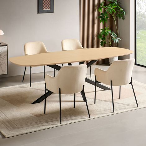 Ensemble table 200 cm effet chêne + 4 chaises velours côtelé beige (1/5)