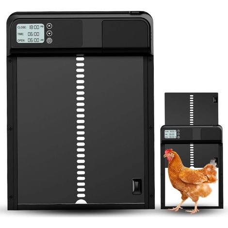 Porte automatique pour poulailler, porte de cage à poules en aluminium avec minuterie, mécanisme de sécurité et affichage LED, ouvre-porte automatique pour poulailler alimenté par batterie (1/5)