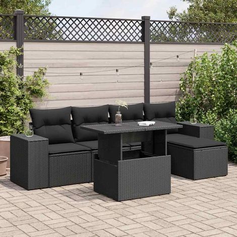 Ensemble Jardin 6 Places Résine Tressée Noir avec Coussins - Salon Extérieur Modulaire Table Réglable et Rangement Intégré (1/5)