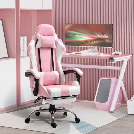 Silla Gamer Reclinable con Reposapiés Sillón Gaming con Reposacabezas Cojín Lumbar y Altura Ajustable 64x67x127 cm Rosa (1/5)