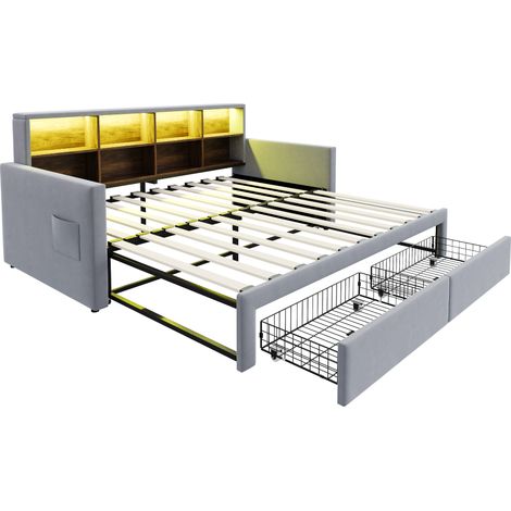 Lit Gigogne 90 x 190 cm et 180 x 190 cm, 2 Places avec 2 Tiroirs, LED, USB et Type-C, sans Matelas, Gris Clair (1/5)
