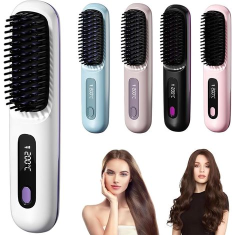 Brosse Lissante Sans Fil, 160℃-200℃ Brosse Lissante pour Cheveux Sans Fil Avec écran LED 3 Température, Mini Lisseur Sans fil Rechargeable, Tenue Longue Durée pour Voyage(Blanc) (1/5)