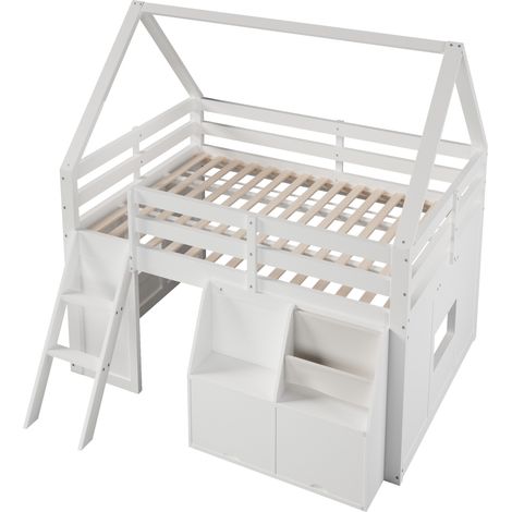 Litera cabaña 140 x 200 cm con escalera, LED, almacenaje y bolsillos, blanco (1/5)