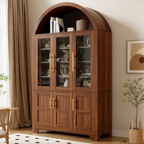 Aparador vajillero alto de 185 cm, mueble de almacenamiento con forma de arco, 3 puertas de vidrio y estantes, estilo vintage para salón y comedor, color nogal (1/5)
