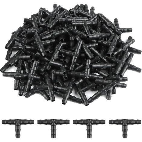 100 raccords en T pour tuyau d'arrosage 4/7 mm - Raccord en T en PVC pour systèmes d'irrigation (goutte à goutte, micro-aspersion, etc.) - Outil automatique pour tuyau d'arrosage (1/5)