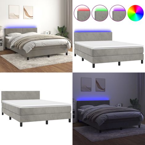Sommier à lattes de lit avec matelas LED Gris clair 140x190 cm - Lit Plateforme - Lit Capitonné - Lit Design - Lit Velours - Lit Avec Rangement - Home & Living (1/5)