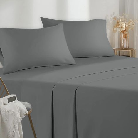 1 Parure de lit 4 pièces, microfibre, drap housse 135x200 cm, drap plat 220x280 cm, 2 taies, gris foncé