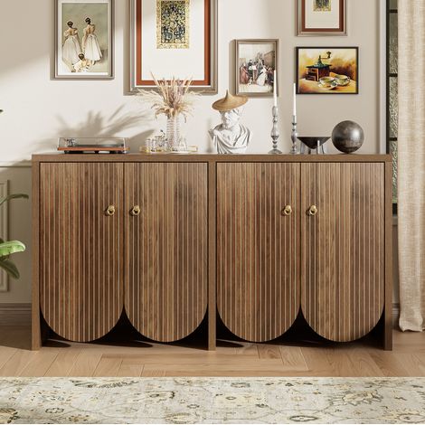 Credenza in MDF effetto noce, 147 x 40 x 80 cm, 4 ante con ripiani regolabili e maniglie in alluminio (1/5)