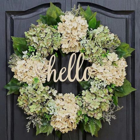 Couronne fleurie suspendue hortensia crème avec inscription « Hello », couronne d'entrée multi-saisons, décoration murale, vitrine et déco festive y compris Noël (1/4)