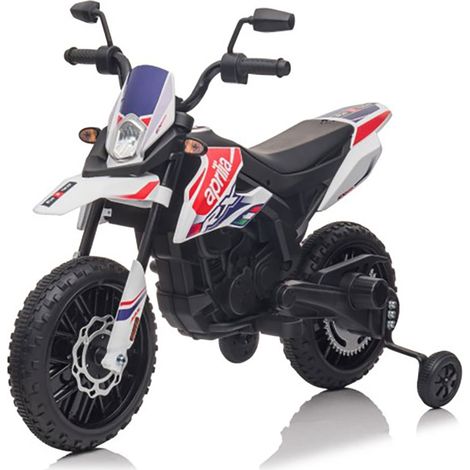 Moto Elettrica per Bambini Aprilia RX-125 Small 12V Cross Sedili In Pelle Luci Led Bluetooth Sospensioni a Molla Bianco (1/5)