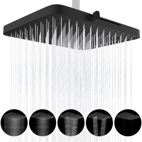 Pomme de douche à effet pluie 5 modes de pulvérisation, pommeau de douche haute pression de 33 cm, pommeau de douche carré intégré, rotule pivotante réglable, expérience de douche luxuriante (1/5)