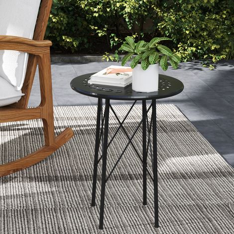 Table de jardin, noire, table bistrot pour intérieur et extérieur, acier, table ronde de patio à motifs floraux