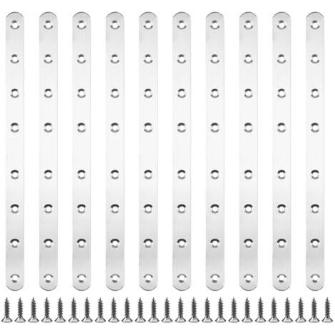 10 pièces 293 x 19 x 3 mm Pattes D'assemblage Supports de Fixation Droits Plats Plaques Dassemblage Métalliques en Acier Inoxydable avec 80 vis de Fixation pour Cadres de Lit, Chaises, Tables (1/5)