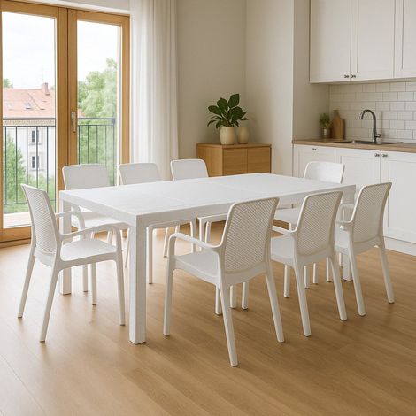 Dmora - Conjunto de mesa y sillas Moie para salón de interior, mesa rectangular extensible con 8 sillas y reposabrazos, fabricado en Italia, color blanco