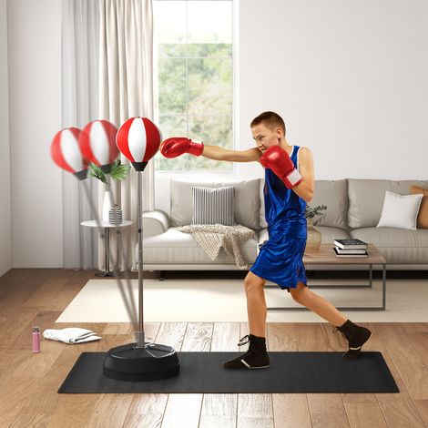 Ballon de frappe au sol réglable en hauteur avec gants et base lestable, 43 x 43 x 126-144 cm, rouge et blanc (1/5)