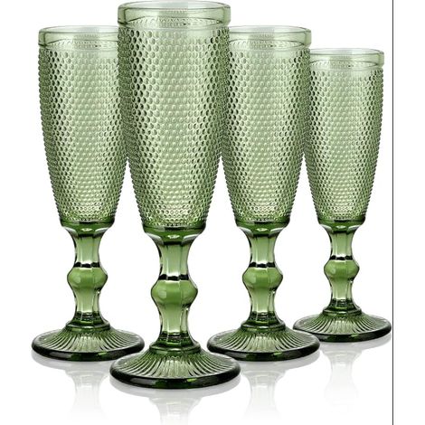 Champagne Flute with Small Embossed Pearls Green Glasses Flutes for Weddings Birthdays Parties Dishwasher Safe (1/5)